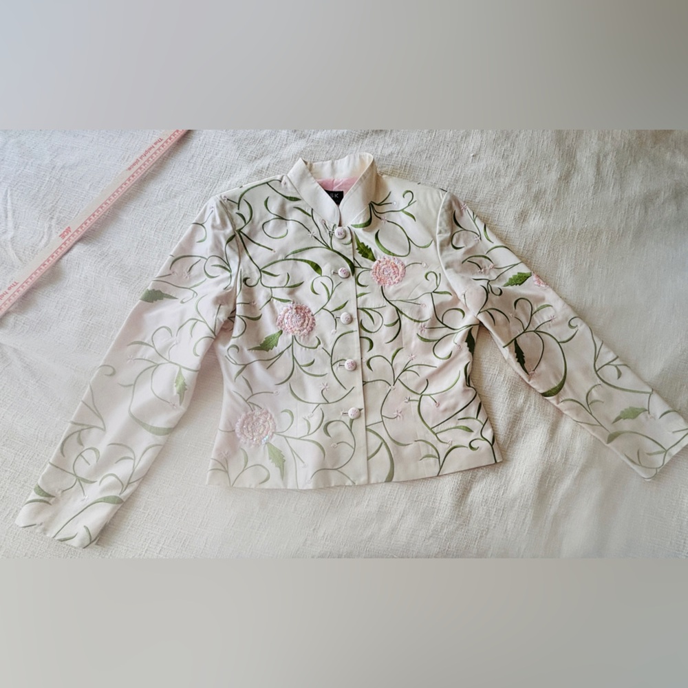 MSK Easter/Spring 100% Silk Floral White Jacket w/ Pink Lining Women’s Medium - Picture 7 of 11